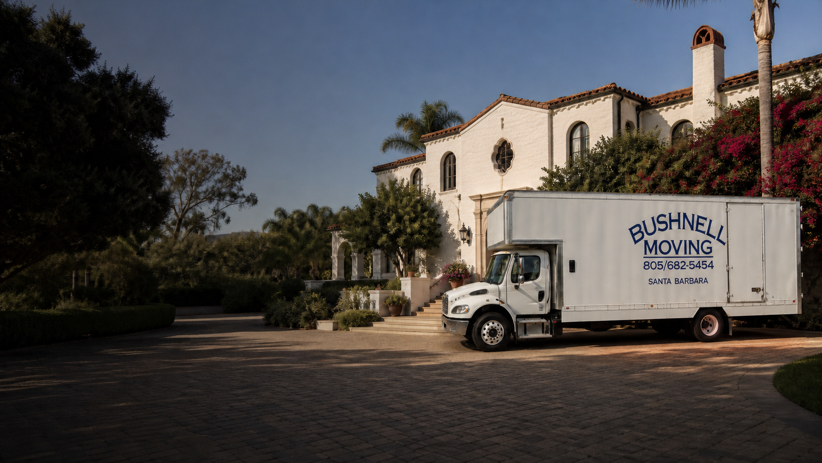 Temporary concept showing a white Bushnell Moving truck in front of a Santa Barbara-style property